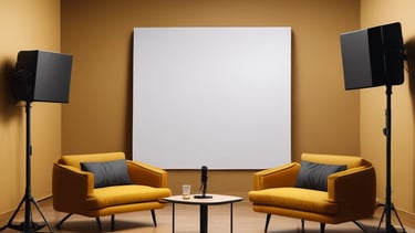 A podcast or recording setup featuring, a microphone on a stand, a blue coffee mug, and a black bottle. The backdrop is lined with acoustic foam for sound insulation, and there is a large light diffuser on a stand.