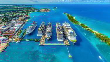an aerial view of five different cruise ships in port with the bright blue ocean surrounding them