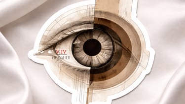 Surreal eye sticker with geometric sketches on draped white silk fabric background.