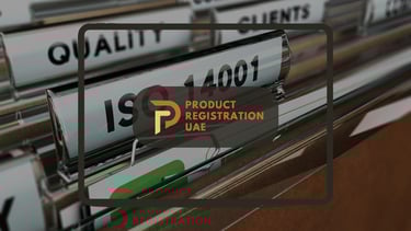 Product Registration UAE Logo with ISO 14001 in background and Quality and clients