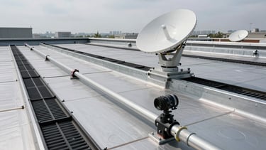 Wide environmental shot of a commercial rooftop installation in progress — Starlink dish mounted on parapet, conduit running across flat roof surface toward camera housing bracket, natural overcast daylight on galvanized steel and black cable trays, no people visible, tools and hardware fittings in foreground