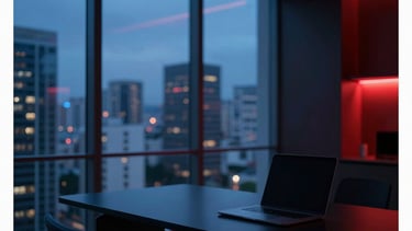 A sophisticated, minimalist workspace in a high-rise building in S&atilde;o Paulo, South American / Brazilian. A sleek laptop sits on a black desk. The room is illuminated by subtle neon blue and dark red accent lights, creating a futuristic atmosphere. Large windows show a blurred city skyline at night. Professional architectural photography, clean lines, cinematic lighting.