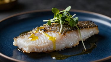 Tight macro shot of an artfully plated gourmet sea bass with microgreens, drizzled with gold-infused oil, dramatic low-key lighting, rich deep blue background, shallow depth of field.