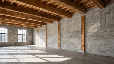 Wide-angle shot of exposed timber beams and concrete walls inside a historic commercial building, natural light from large windows casting sharp geometric shadows, minimalist architectural photography.