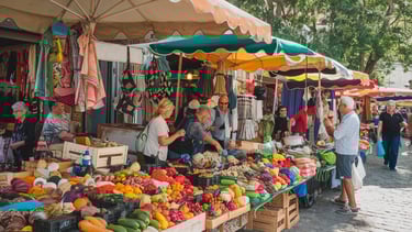 a group of people standing in local market with fruit and vegetables