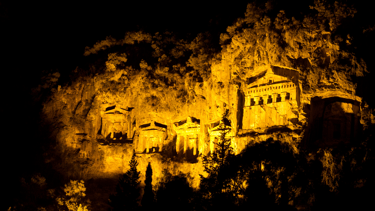 A night view of King's Tombs in Dalyan