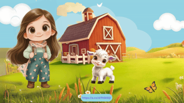Kid and Lily animated characters standing on farm with barn and goat. Amazon book trailer illustrati