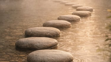 Um caminho de pedras em um lago simbolizando o Ritmo da transformação
