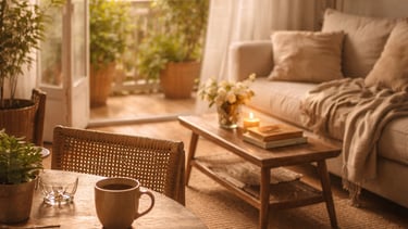 Uma sala de estar conjugada com uma copa simbolizando a prática viva, o cotidiano.
