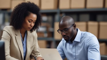 A monochromatic indoor scene featuring a consultation area with a modern design. Two people are seated at a long wooden table, working on laptops, while another person stands nearby. Bookshelves are visible beneath the table, and a sign reads 'Consultation Specialisee'. Overhead lighting and glass partitions add to the contemporary architectural style.