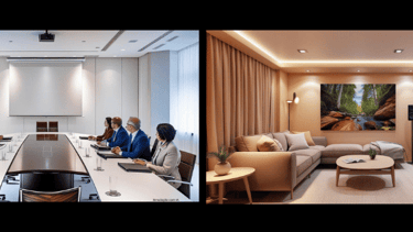 Sala de reunião co projetor elétrico e imagem de uma sala de estar com home theater e tv