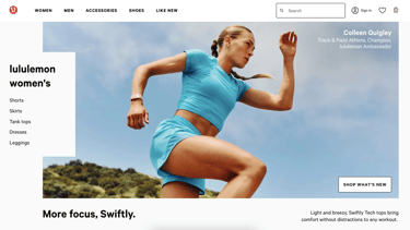 Athlete Colleen Quigley appears mid-air, doing a jumping lunge, wearing a blue t-shirt and shorts.
