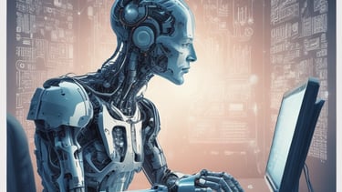 A small, round robot with a smooth white surface and blue accents operates a blue laptop on a sleek, floating platform. The robot has glowing eyes and an antenna on its head, with an 'AI' emblem on its front.