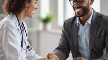 A person in a medical setting is lying on a table, about to enter a large cylindrical medical imaging machine labeled 'Radixact'. Another person, wearing a white coat, stands beside the machine, using a touchscreen panel.