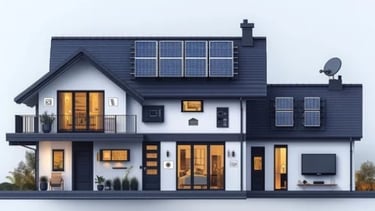 Illustration of eco-friendly smart home with solar panels & energy-efficient design for sustenance.