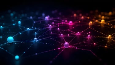 Colorful network of connected nodes representing data pipelines, insights, and analytics 