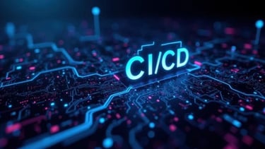 Futuristic digital illustration of CI/CD (Continuous Integration and Continuous Delivery) glowing.