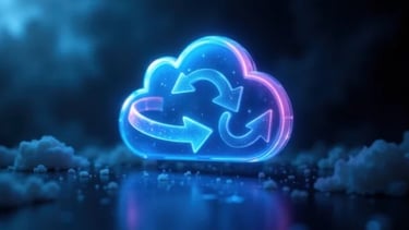 Neon cloud with circular arrows, symbolizing cloud migration and automation