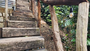 a wooden staircase leading up to a wooden staircase