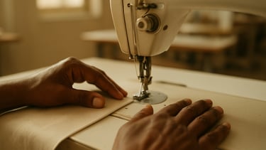 A close-up of hands carefully guiding fabric through a sewing machine in a bright, clean training room, warm natural light, soft earth tones.