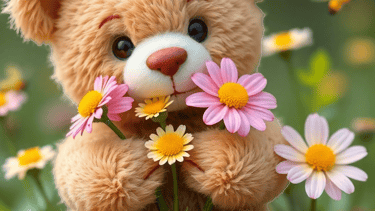 a teddy bear sitting on a rock in a field