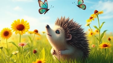 a hedgehog sitting in the grass with butterflies