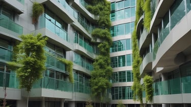 A modern, dark-colored, modular home situated in a lush forest environment. Large windows allow warm interior light to spill out, contrasting with the natural greenery surrounding the structure. The building has a sleek, geometric design, with a sloping roof and a wooden deck that extends from its side.