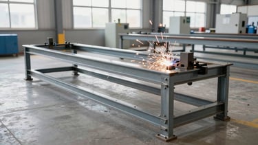 Wide-angle factory floor perspective, clean industrial welding station, sparks flying from steel frame assembly, bright natural daylight, sharp focus