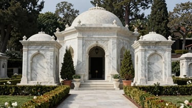 Exclusive family mausoleum in San Diego Hills, grand marble structure integrated with beautiful private garden landscape