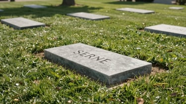 Serene single burial plot area in San Diego Hills, clean flat headstones integrated with manicured green grass under soft sunlight
