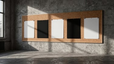 Wide-angle industrial studio space with concrete walls, raw campaign mockups pinned to a massive corkboard, harsh direct sunlight, deep defined shadows, desaturated tones, 35mm film grain