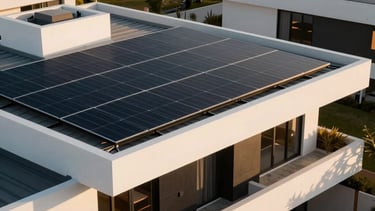 High-end South American modern residence featuring sleek photovoltaic solar panels on the roof, warm golden hour lighting, clean architectural lines with white and black accents, professional photography style.