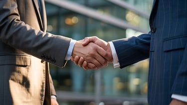Aperto de mãos em ambiente corporativo, simbolizando confiança