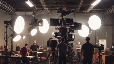 A professional film crew setting up equipment at an outdoor event.