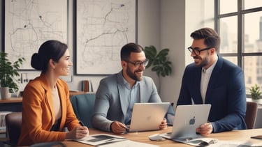 A diverse group of people discussing financial plans around a laptop.