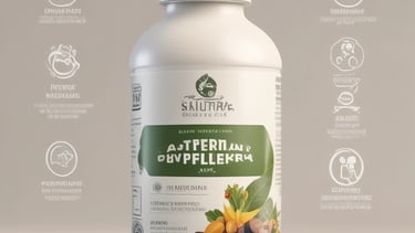 Three white plastic bottles of dietary supplements with labels. Two bottles are upright on a wooden surface, while the third is balanced on top. The background features green grass and trees in soft focus.