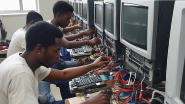 A person is working on a silver laptop with a distinctive logo, seated at a desk adorned with green moss. Decorative plants are visible in the background, conveying a natural and eco-friendly workspace atmosphere.