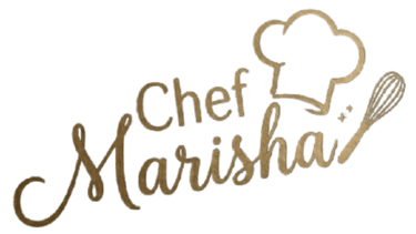 Chef Marisha logo featuring gold cursive typography, a chef's hat, and a kitchen whisk.