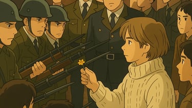 Peaceful protest: Child with flower vs. soldiers