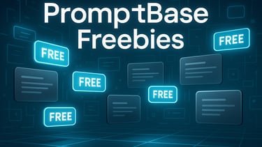 Futuristic prompt cards labeled “FREE” with bold “PromptBase Freebies” text, highlighting free AI prompts at PersonAI Lab.