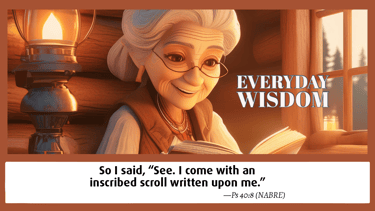 Sweet, old lady reading book in a cozy log cabin by a gas lamp.
