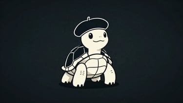 A minimalist, elegant hand-drawn ink illustration of a warm, smiling cartoon turtle wearing a director's beret, clean white lines on deep charcoal background, negative space, premium independent studio mascot