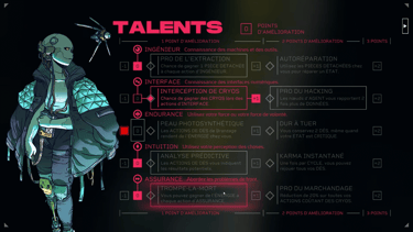 Capture d'écrant de l'arbre de compétences de Citizen Sleeper