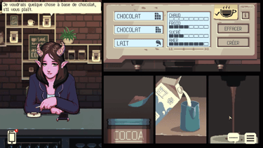 Capture d'écran de Coffee Talk où l'on voit la cinématique de création des boissons