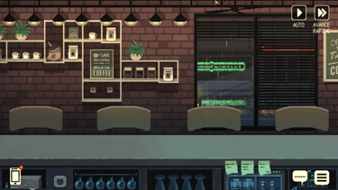 Vue de l'intérieur du café dans Coffee Talk en pixel art