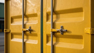 Close-up of secure heavy-duty metal cargo seals on a container door, high-contrast safety yellow paint, industrial warehouse lighting, sharp focus.