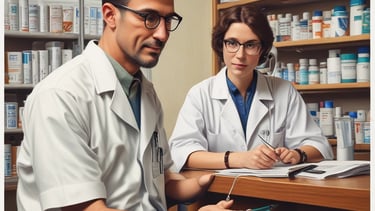 A pharmacy storefront is illuminated against the dark night, with green signage and a striped awning. The wet pavement in front reflects colorful lights, including red and green hues, creating a vivid, almost cinematic appearance. Abstract shapes and signs are visible on the store's glass doors.