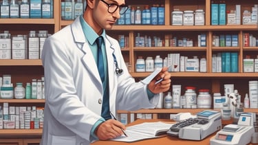 A pharmacy is seen through a glass storefront at night, brightly lit from inside. The doors and windows are transparent, revealing shelves stocked with various products. Signs are displayed on the glass, and there's a Coca-Cola vending machine visible. The interior lights highlight the organized arrangement of goods on the shelves.