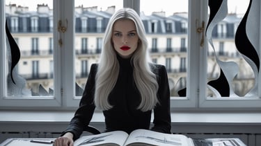 A blonde woman with red lipstick sits by a window with an open book and a view of Paris buildings.