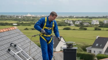 Ramoneur professionnel effectuant un ramonage de cheminée sur un toit en Loire-Atlantique (44)